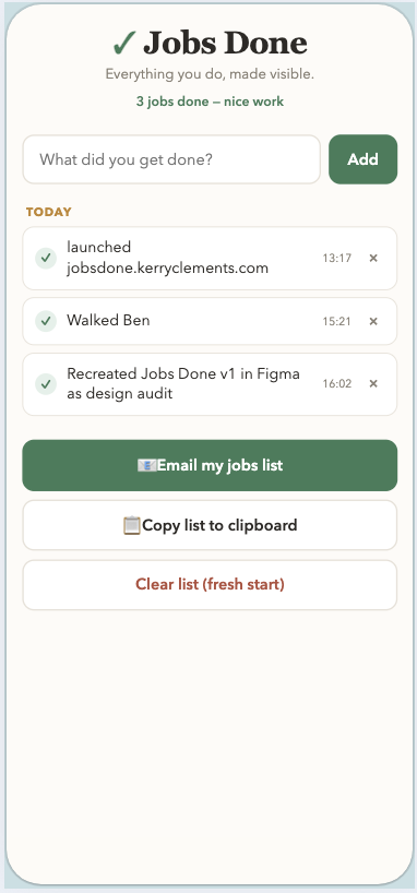 Screenshot of the Jobs Done app showing logged tasks with timestamps and sharing options