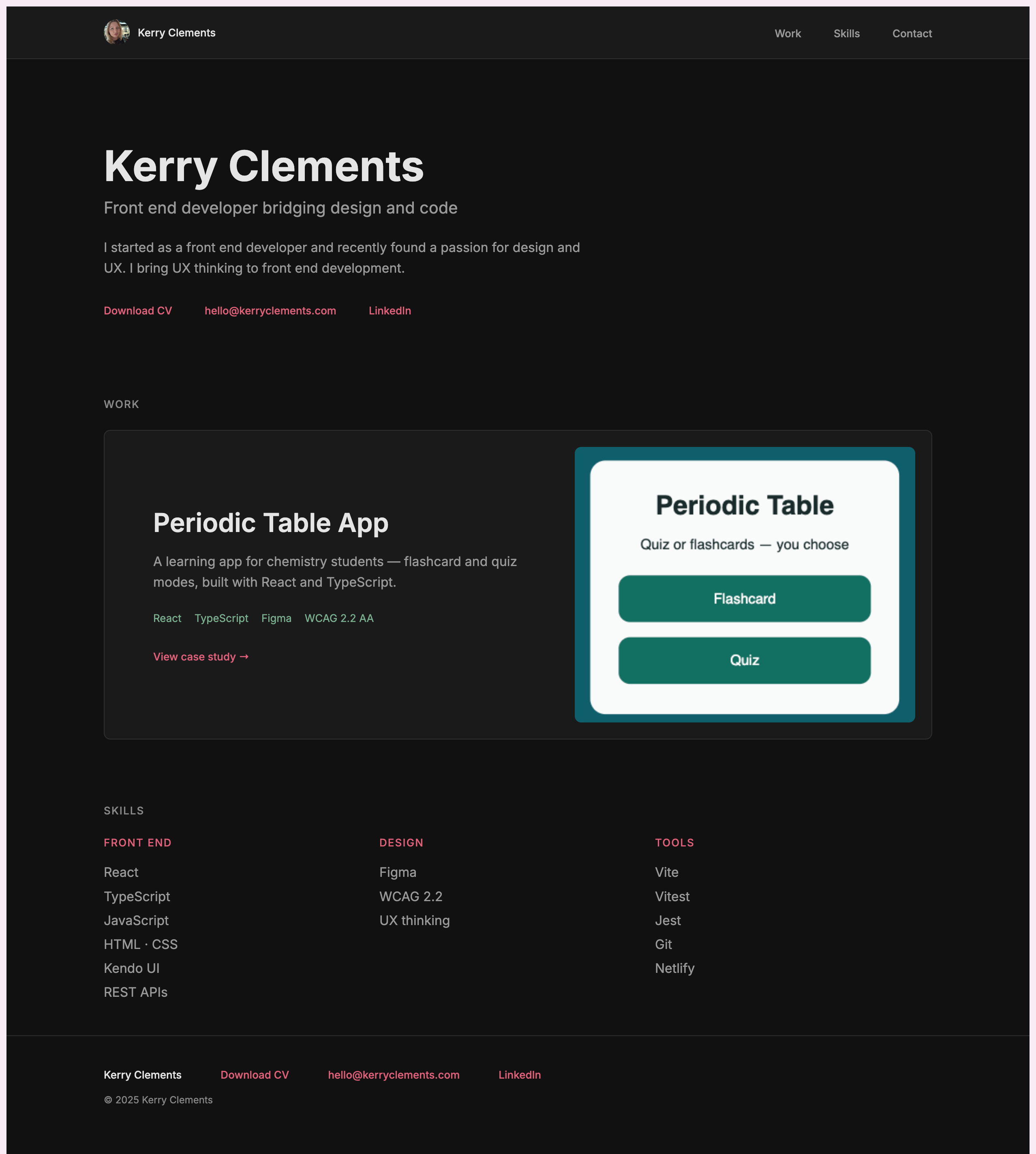 Full page screenshot of kerryclements.com portfolio site showing hero, work card, skills and footer