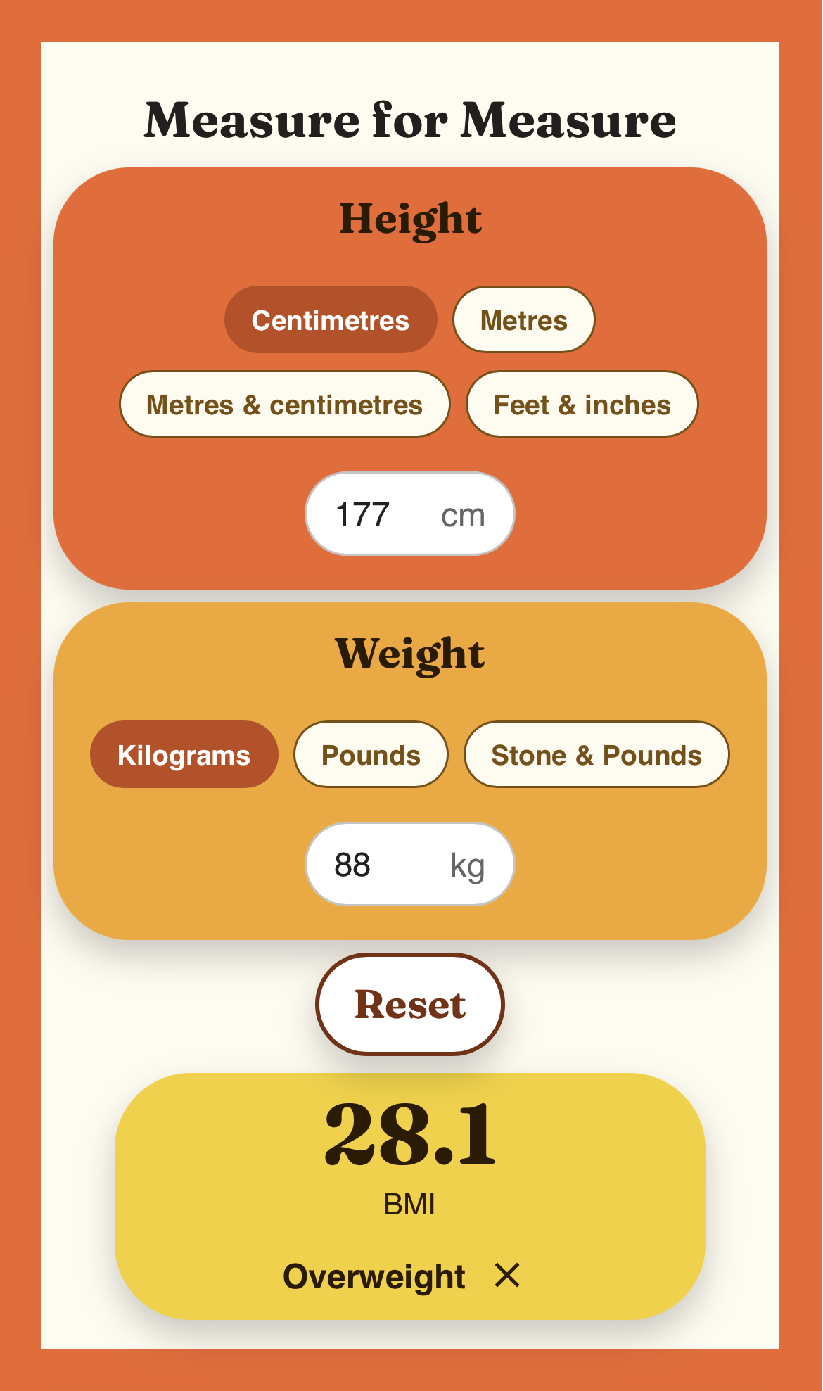 Measure for Measure BMI calculator showing height and weight input cards with a BMI result