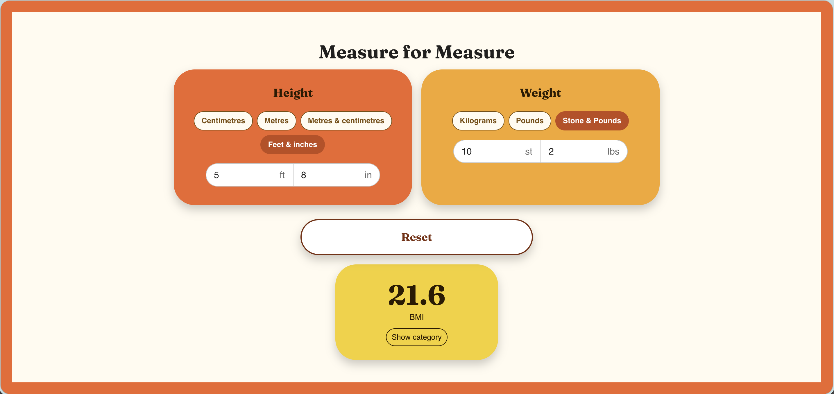 Measure for Measure BMI calculator on desktop showing height and weight cards side by side