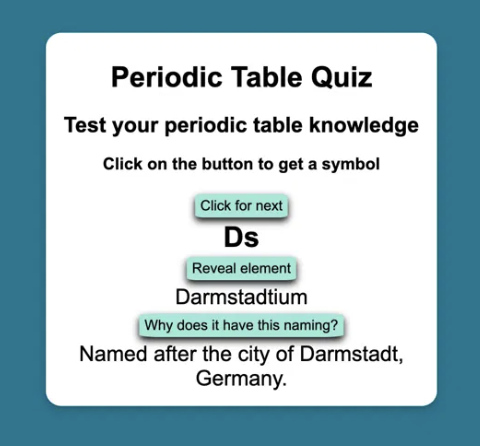 Screenshot of the original periodic table quiz, showing unstyled buttons and basic layout