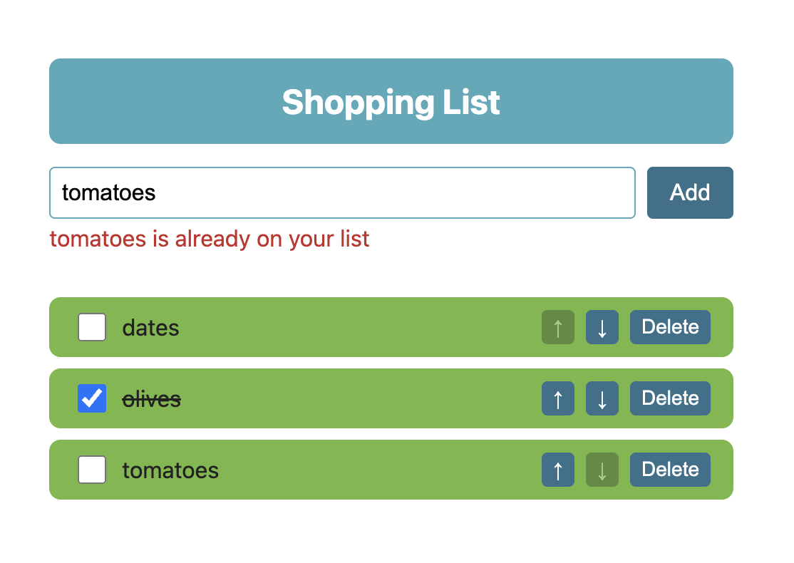 Screenshot of the Shopping List app showing items with checkboxes, reorder buttons, and delete buttons